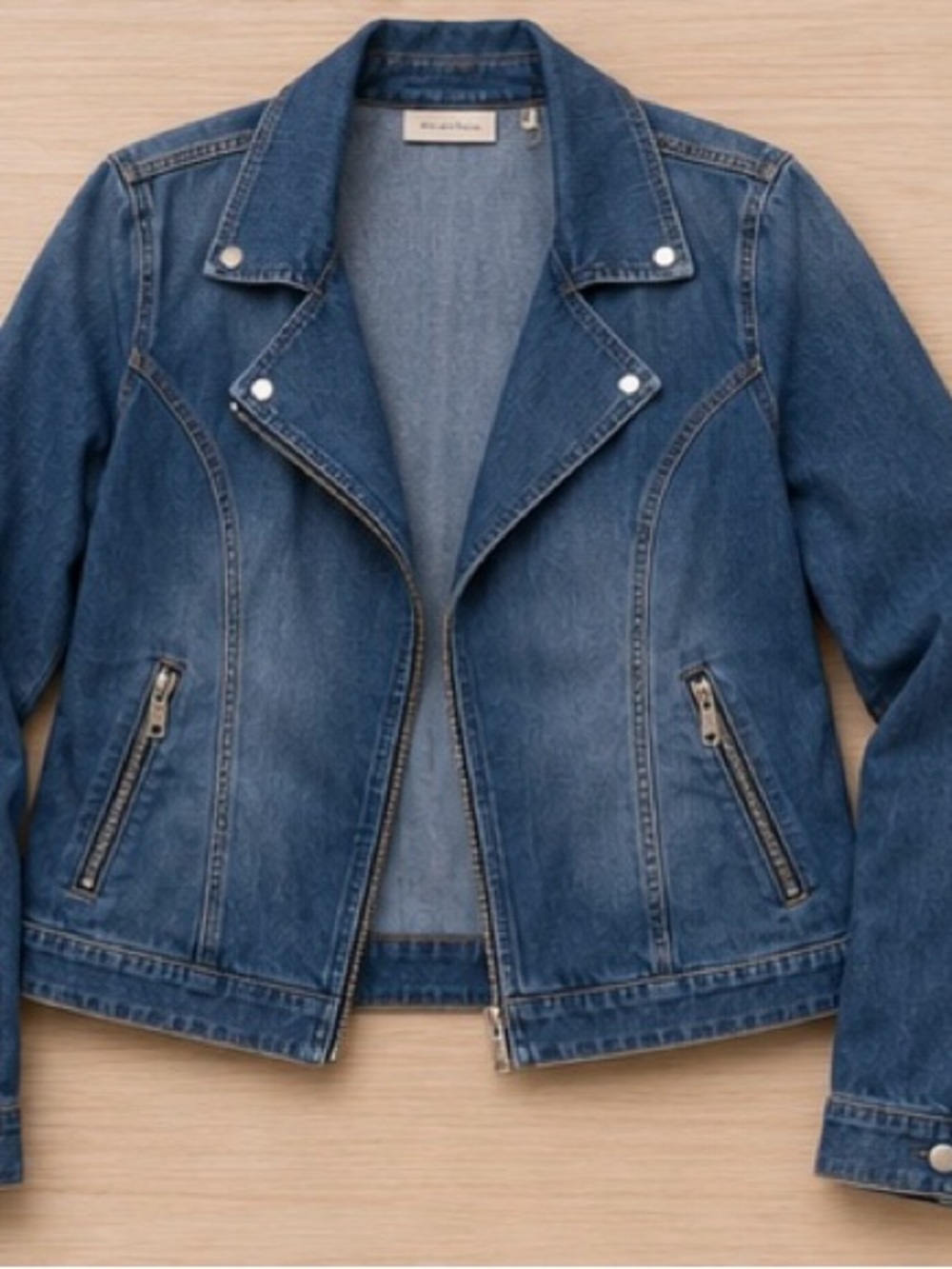 Chico’s Platinum Denim Moto Jacket Size 2 Blue Stretch Zip Pocket Jean Jacket